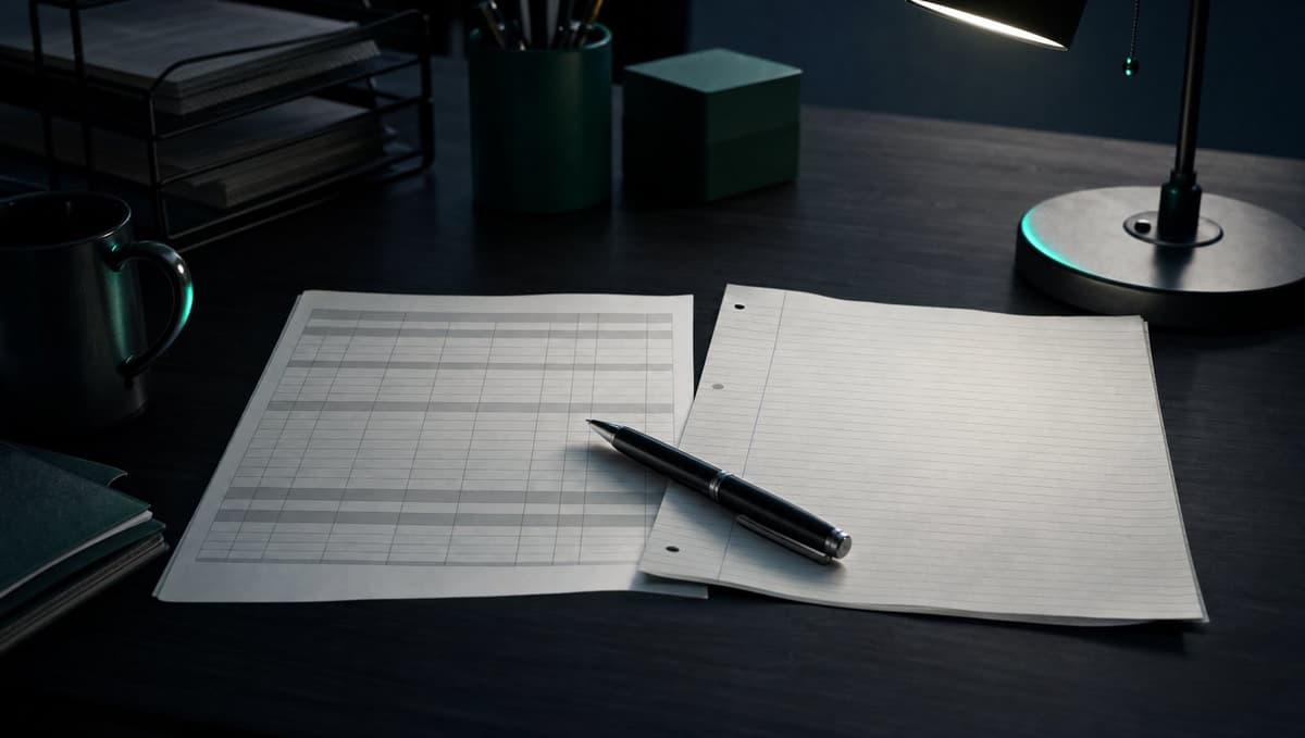 A printed shift log and handwritten call notes side by side on a desk under a lamp