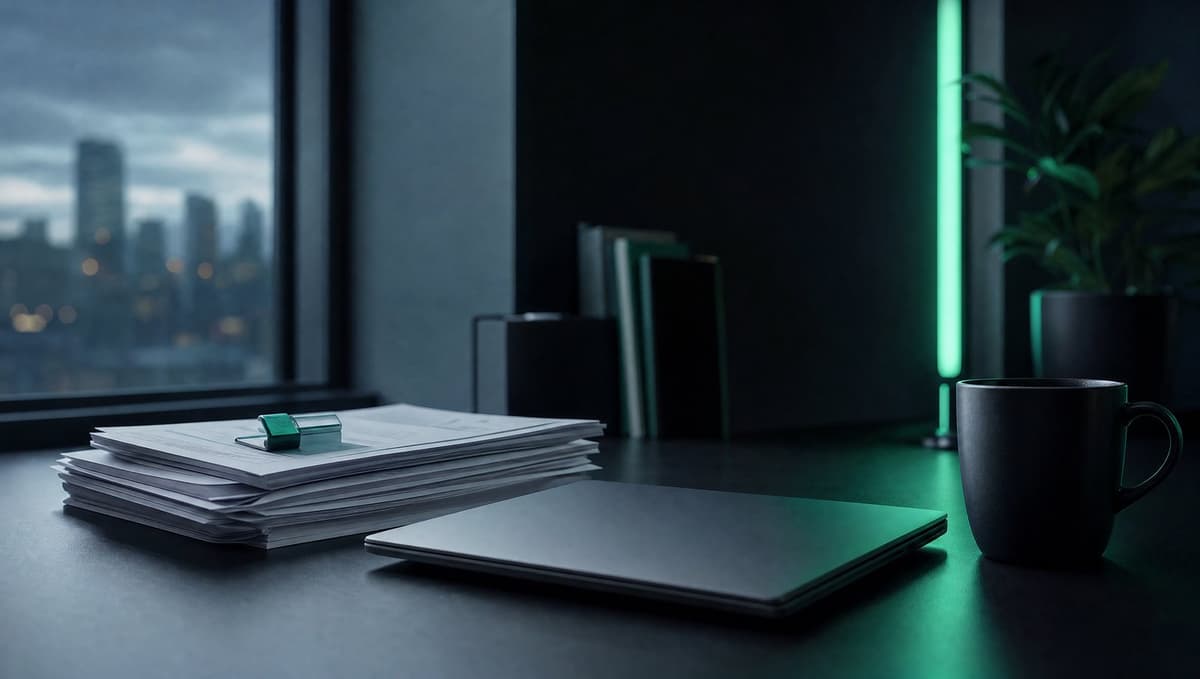 A stack of printed invoices beside a closed laptop and a coffee cup on a desk at dusk