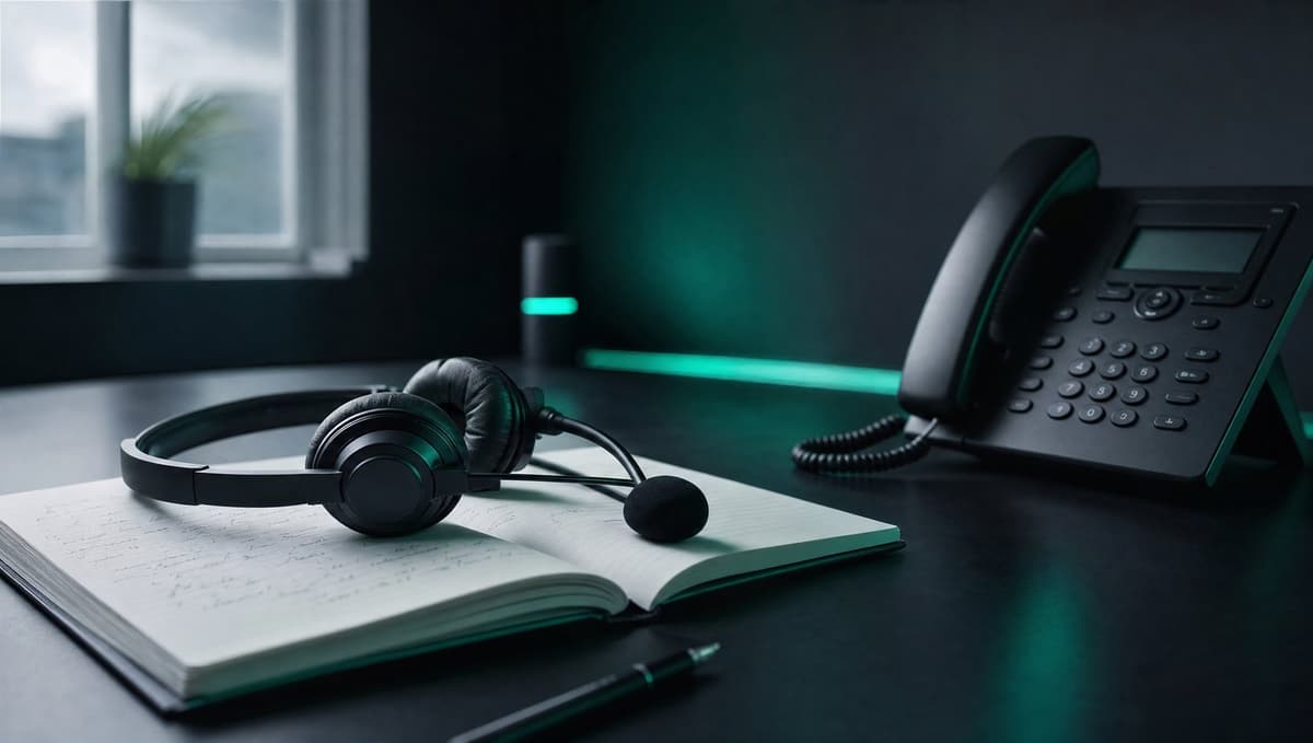 A headset resting on an open notepad with handwritten notes beside a desk phone